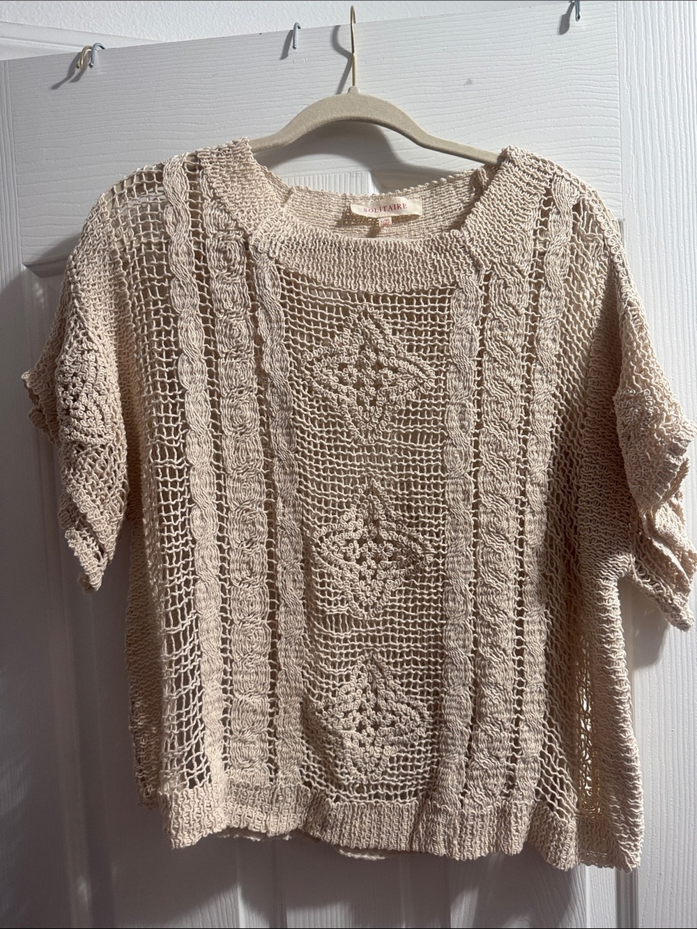 Solitaire Crochet Openwork Short-Sleeve Sweater - Cream